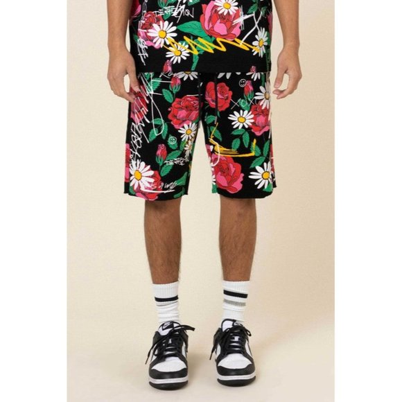 FIRST ROW CASUAL PANTS SHORT SUMER ALLOVER ROSE BLOOM  PRINT - Picture 9 of 9
